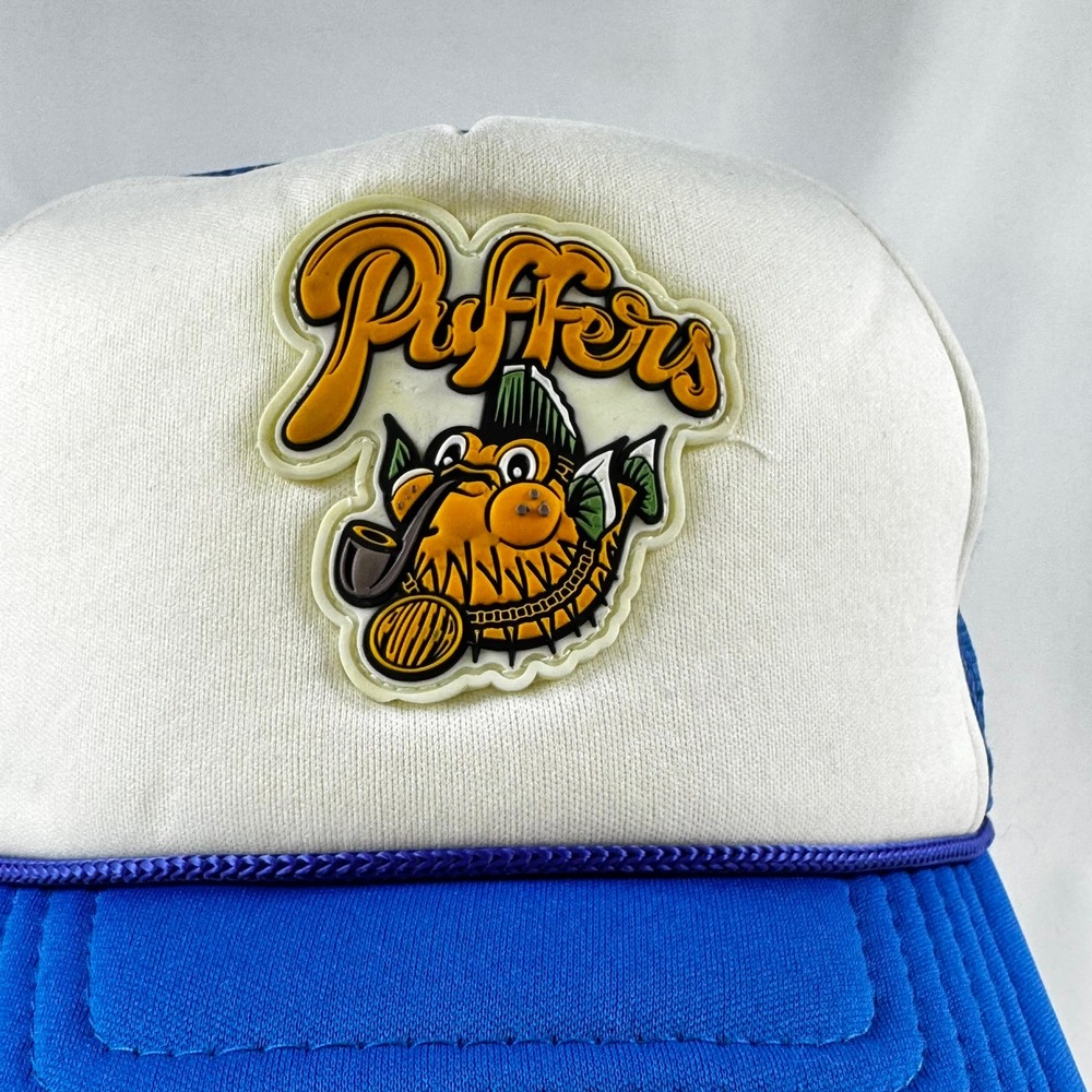 Trucker Hat Puffers Blue White 3D Rubber Puffer Fish Pipe Patch Snapback Cap